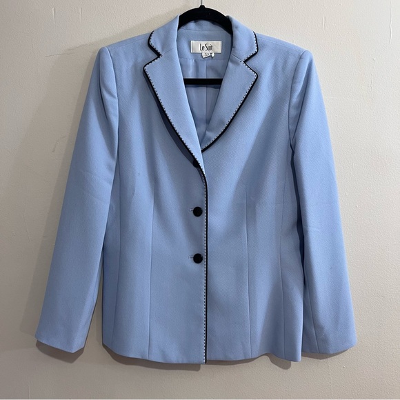 Le Suit Sky Blue Women's Blazer with Black Trim - Picture 1 of 3